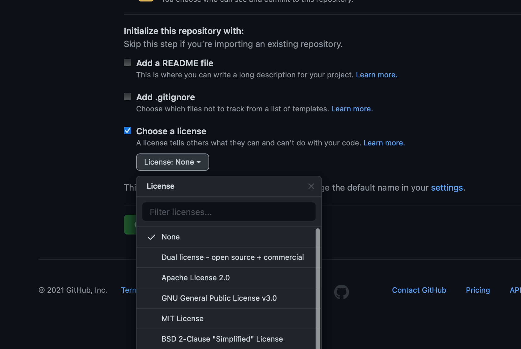 Example of how multi licensing could work when creating a project