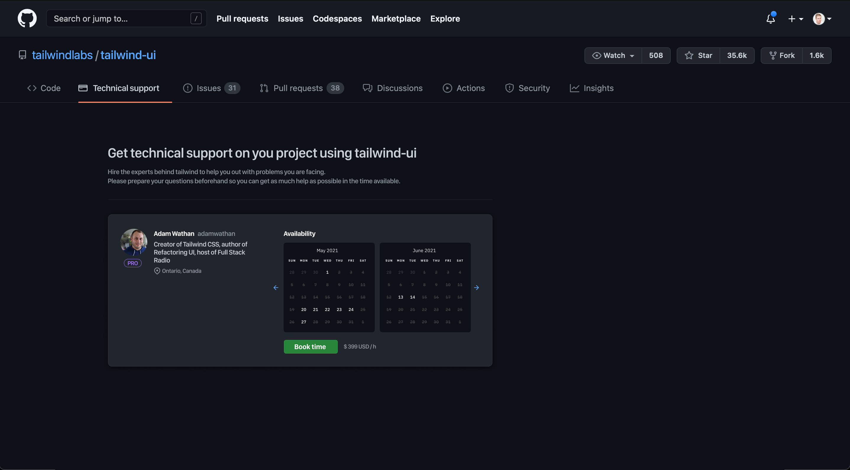 Sketch on paid technical support connected to repos