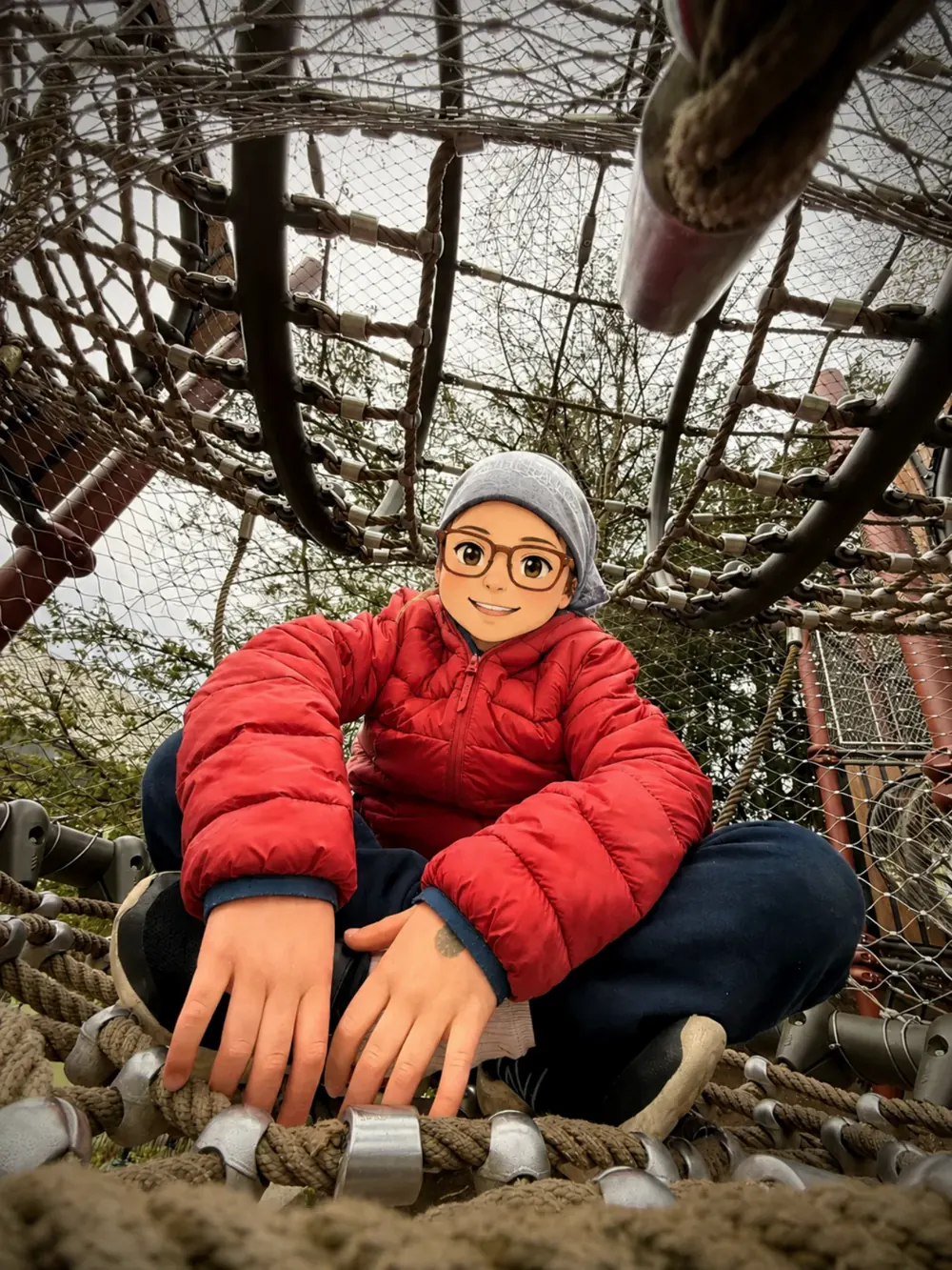 Climbing inside the playground tower in Nygårdsparken